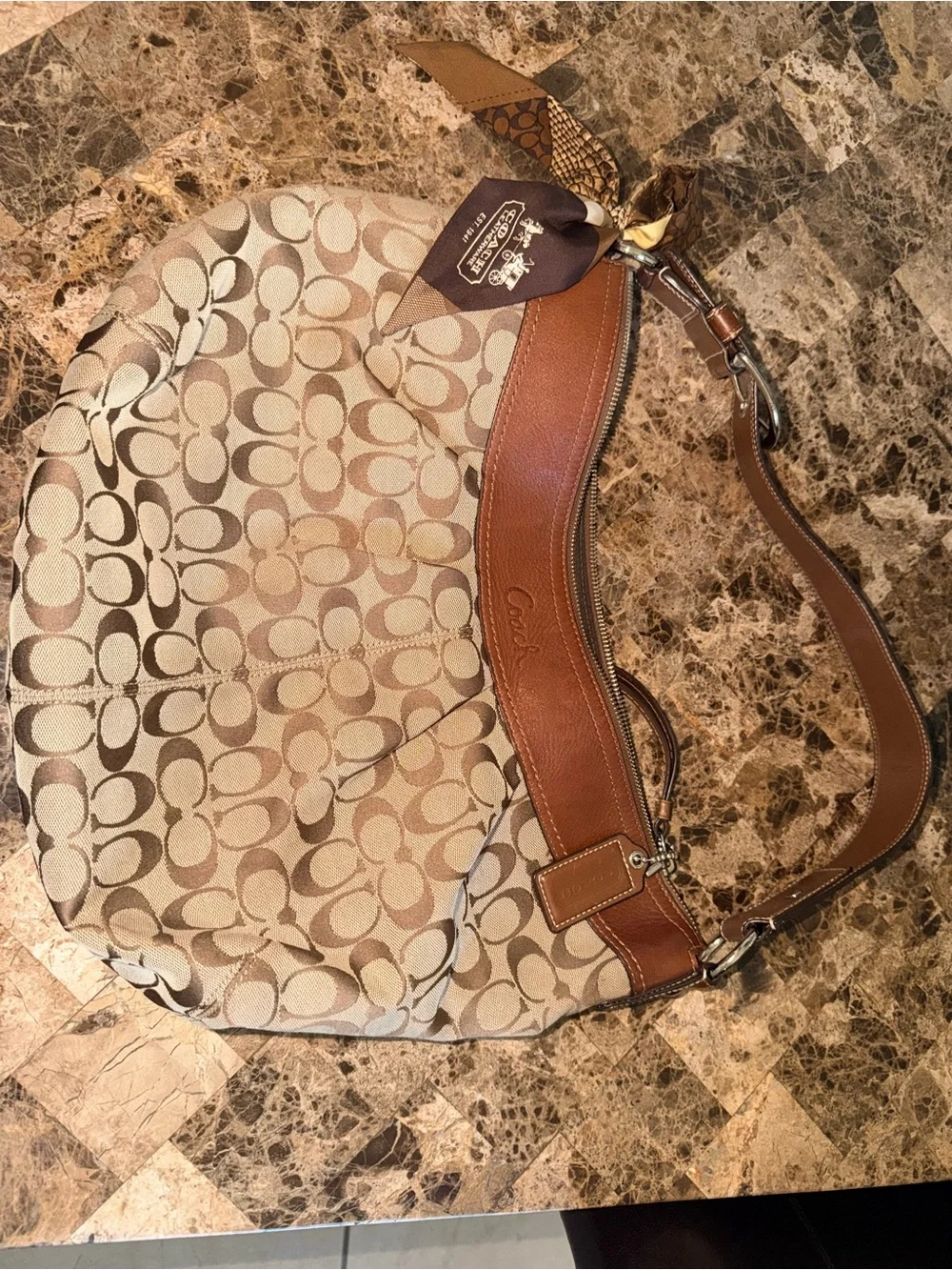 Coach Beige Signature Canvas Hobo with Brown Leather Trim